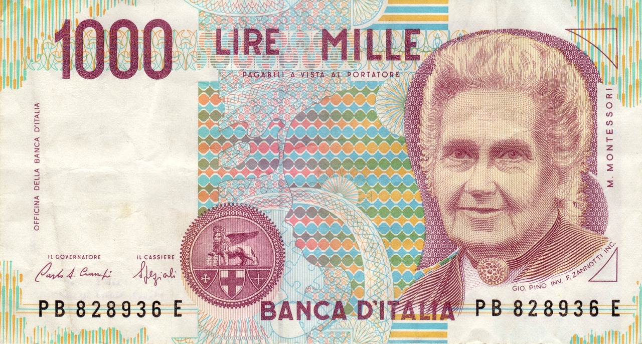 Vecchie Lire con l'immagine di Maria Montessori, simbolo di valore collezionistico e storico.
